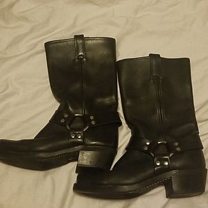 Womens Frye leatherBlack mid-calf motorcycle boots